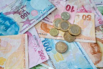Various Turkish Lira Banknotes And Coins.  Turkish Money