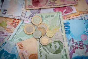 Various Turkish Lira Banknotes And Coins.  Turkish Money