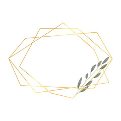 Gold geometric frame with leaves in watercolor style. Luxury polygonal frame for decoration valentine's day, wedding invitations, greeting cards. Png, vector illustration
