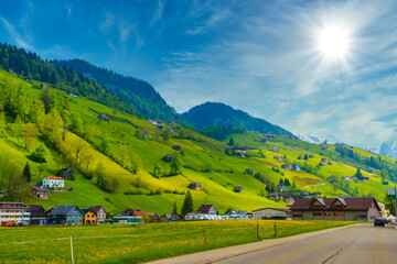 Countryside road in village, Alt Sankt Johann, Sankt Gallen, Swi