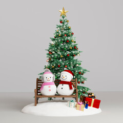 snowman couple sitting on a bench Behind it is a beautifully decorated Christmas tree. 3d rendering.