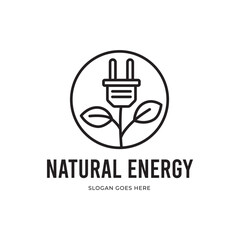 Eco Energy Vector Logo with leaf symbol. Green color with flash or thunder graphic. Nature and electricity renewable. This logo is suitable for technology, recycle, organic, plug