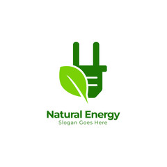 Eco Energy Vector Logo with leaf symbol. Green color with flash or thunder graphic. Nature and electricity renewable. This logo is suitable for technology, recycle, organic, plug