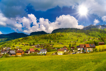 Wooden cottage houses in mountain village, Alt Sankt Johann, San