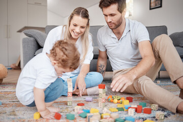Learning, happy and family with building blocks on living room floor for child development skills. Mother, dad and young child on carpet with toys in family home for bonding, teaching and fun.