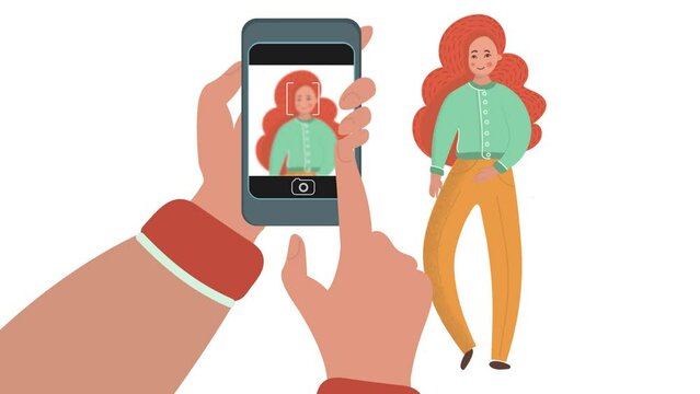 MOBILE PHOTOGRAPHY Flat Design Animation Of Hands Photographing Redheaded Girl On Smartphone Social Media Motion Video Various Size