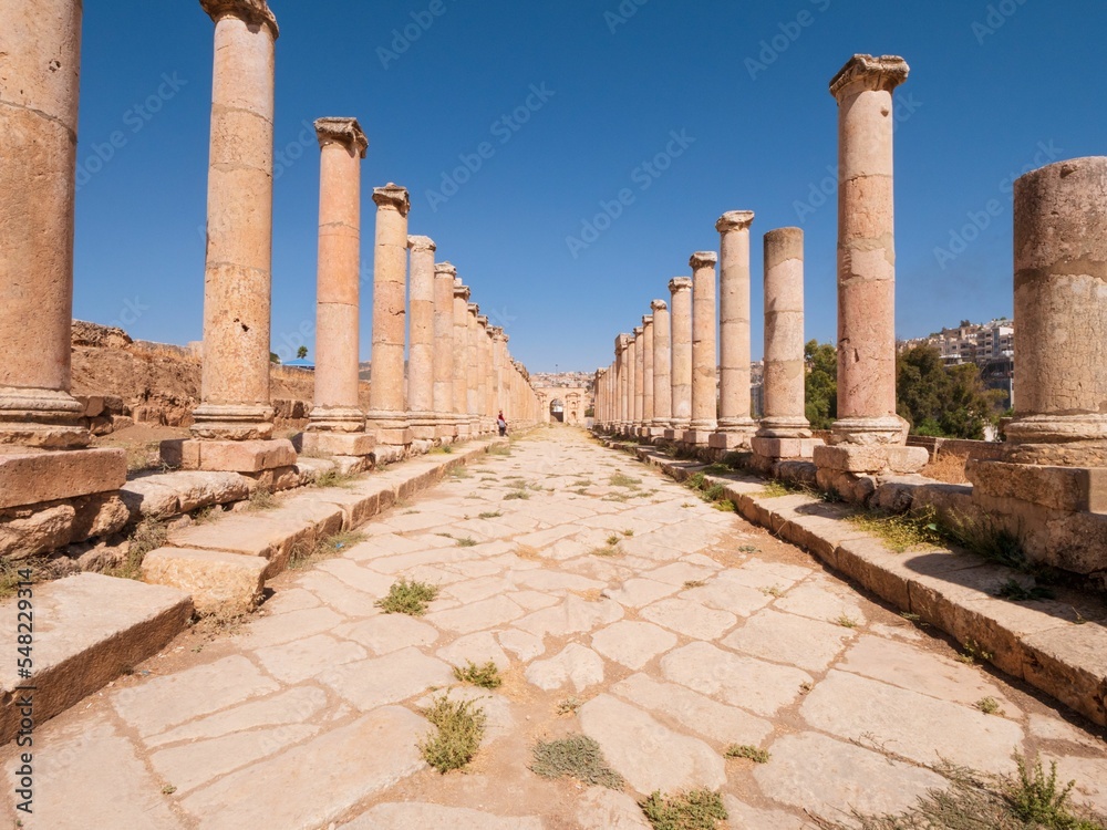 Poster Details of famous historical archaeological site with columns, ancient Roman structure in Jerash