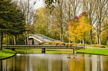 Fototapeta na wymiar Rotterdam, The Netherlands, November 5, 2022: two pedestrian bridges, one across a pond and one across a road in Zuiderpark in autumn