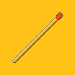 Cartoon wooden match on yellow background. Unused matchstick with shadow. Wood whole matchstick with red sulfur. Vector illustration