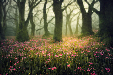 Fototapeta premium Flowers in spring forest and trees new season begins