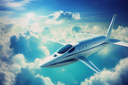 Futuristic electric airplane in blue sky transition to green transport