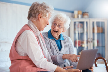 Friends laptop or senior woman with wow for communication, social media video or streaming online....