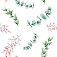 Watercolor seamless pattern with eucalyptus, green and pink leaves. Isolated on white background. Hand drawn clipart. Perfect for card, fabric, tags, invitation, printing, wrapping. 