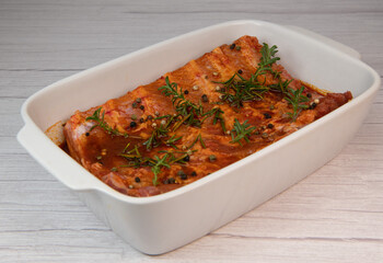 RECIPE FOR SPARE RIBS WITH BBQ, MARINATED IN SWEET SMOKED PAPRIKA, ESPELETTE PEPPER, HONEY, OLIVE OIL, ROSEMARY AND THYME, High quality photo