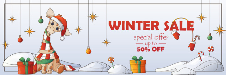 Background for poster, banner template, card, flyer, discount, flyer. Winter vector promo sale banner with illustration of giraffe, gift boxes, snowdrift, toy.  © Gulsim