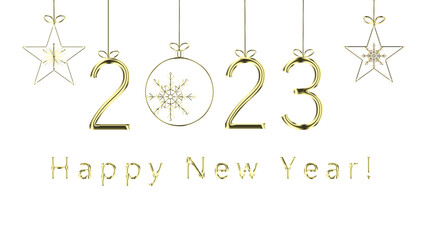Gold Ornaments 2023 New Year. New Year's greetings card with gold ornaments and text, transparent PNG format.
