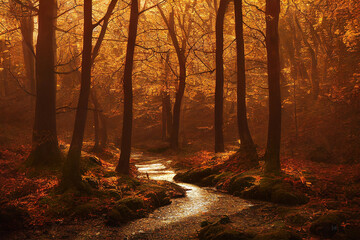 Fototapeta premium Light glows onto an old path leading through the colorful autumn forest trees