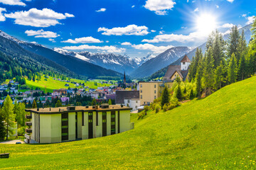 Houses in town village in Alps mountains, Davos, Graubuenden, S