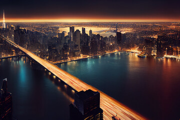 Long exposure cars passing on bridge in busy city at night