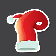 vector red funky Santa Claus hat sticker icon or label isolated on grey background. merry christmas design element for banners and geeting cards