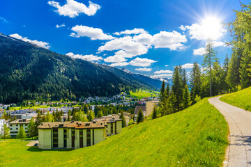 Houses in town village in Alps mountains, Davos, Graubuenden, S