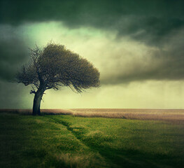 vintage landscape of lonely tree