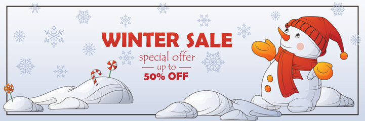 Winter promo sale banner. Vector illustration of snowman, snowdrift. Background for poster, banner template, card, flyer, discount, flyer.