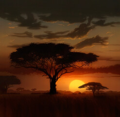 sunset in Africa with acacias trees and big sun