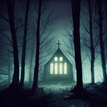 spooky church in scary forest at creepy night