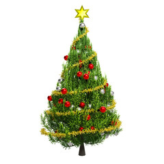 Christmas tree rendered in 3D with ornaments and a white backdrop.