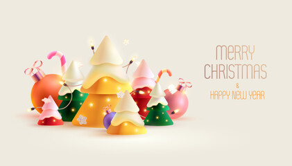 Obraz premium Festive colorful Christmas forest with new year decoration. Realistic holiday illustration.