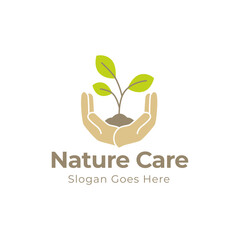 Care of plant logo. Hand, holding, sapling, leaf. Gardening concept. Vector illustration can be used for topics like growth, planting, ecology