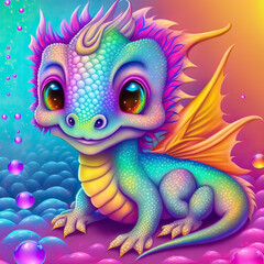 Rainbow colored baby dragon illustration, 3d
