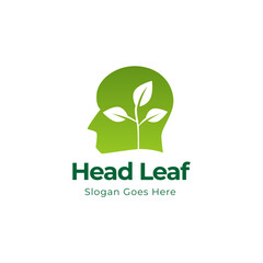 Human head leaves logo illustration. Organic head brain logo concept design. 