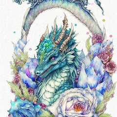 Blue-green Chinese dragon portrait, decorative ornamental background, Watercolor illustration