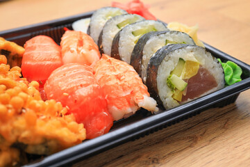 Colorful sushi set with pickled ginger and wasabi paste