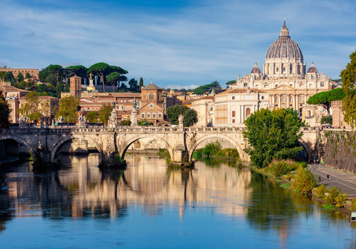 St Peter's basilica in Vatican and Victor Emmanuel II bridge in Rome, Italy