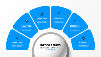 Infographic template. Blue half circle with 6 steps and text