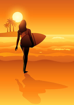 Surfer girl walking on the beach