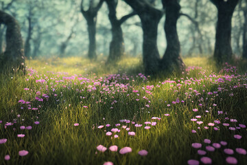 Pink flowers on tall green grass with old trees in forest meadow