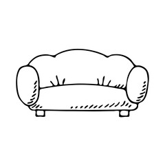 Soft sofa. Comfortable home furniture. Interior object. Cartoon vector outline illustration isolated on white background. Hand drawn sketch black and white