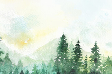 Green natural pine tree forest with mountain in background watercolor painting on paper texture © Atstock Productions