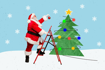 Creative collage image of santa claus grandfather climb ladder hold hang bauble ball toy tree...