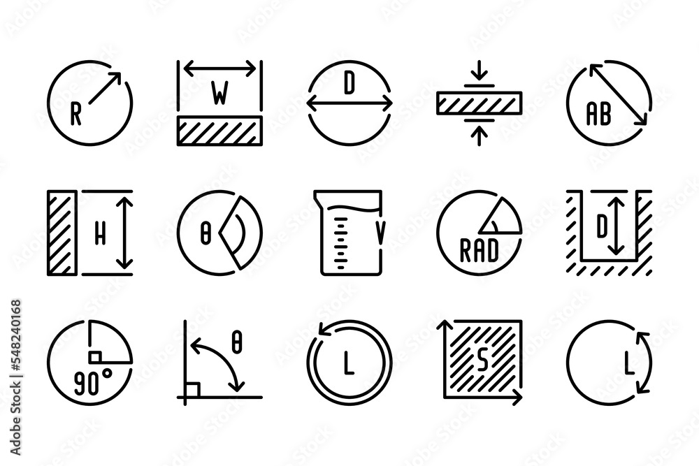 Poster measure and length line icons. scale and size with notation for mathematical measurements icon set. 