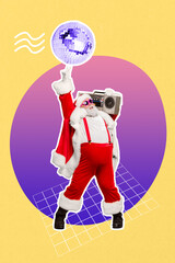 Vertical collage image of excited overjoyed santa carry boombox dance show v-sign disco ball isolated on creative background