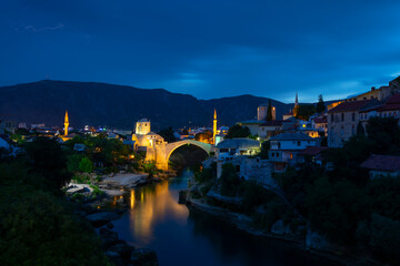 Mostar Bridge and lightning strikes in the evening