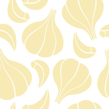 Juicy garlic pattern. Vector illustration isolated on white background. Cartoon design for paper, textile, gift wrapping, interior decor, menu.