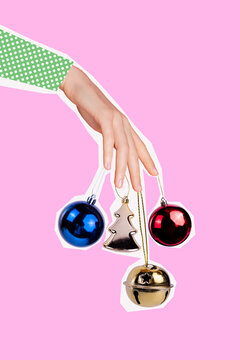 Vertical collage image of human arm fingers hold hanging xmas tree toys isolated on pink background