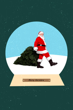 Vertical collage picture of grandfather santa carry evergreen tree walking isolated on drawing snowfall background
