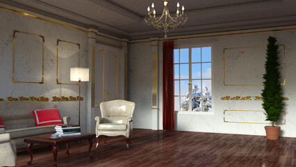 オンラインミーティング用背景 テレビ会議背景用 ZOOM会議背景用 CG ロシアの高級ホテル 部屋 窓 雪景色 for using in video conference and as a zoom background.